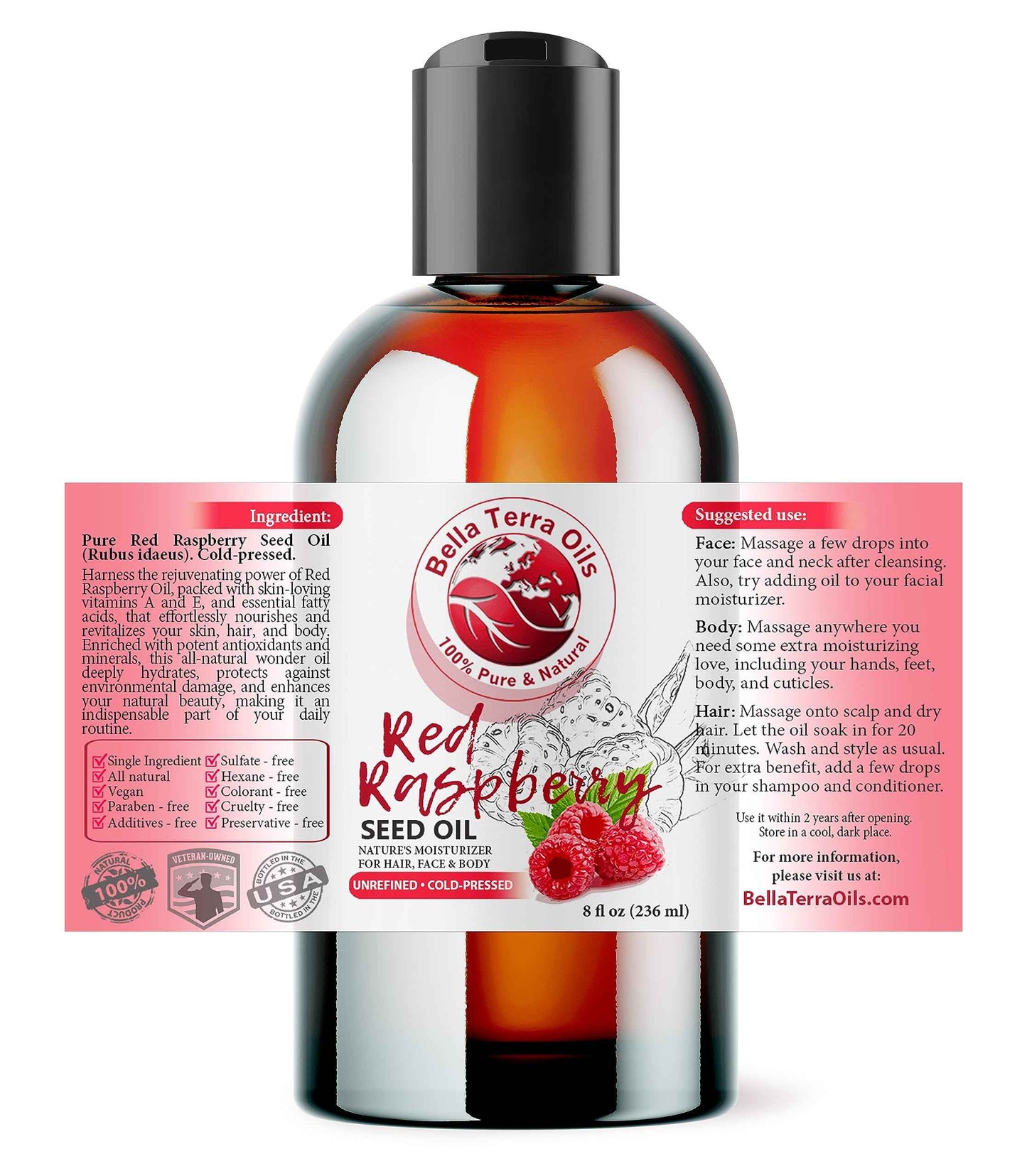 Bella Terra Oils - Red Raspberry Seed Oil 8 oz - Discover The Vitamin-Enriched Potency of Raspberry, Essential Companion for Every Skin Care Enthusiast