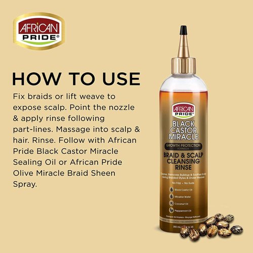 African Pride Black Castor Miracle Braid & Scalp Cleansing Rinse - Removes Build Up & Soothes Scalp, No Frizz, Contains Black Castor Oil, Micellar Water, Coconut Oil, Peppermint Oil, 12 oz (3 Pack)