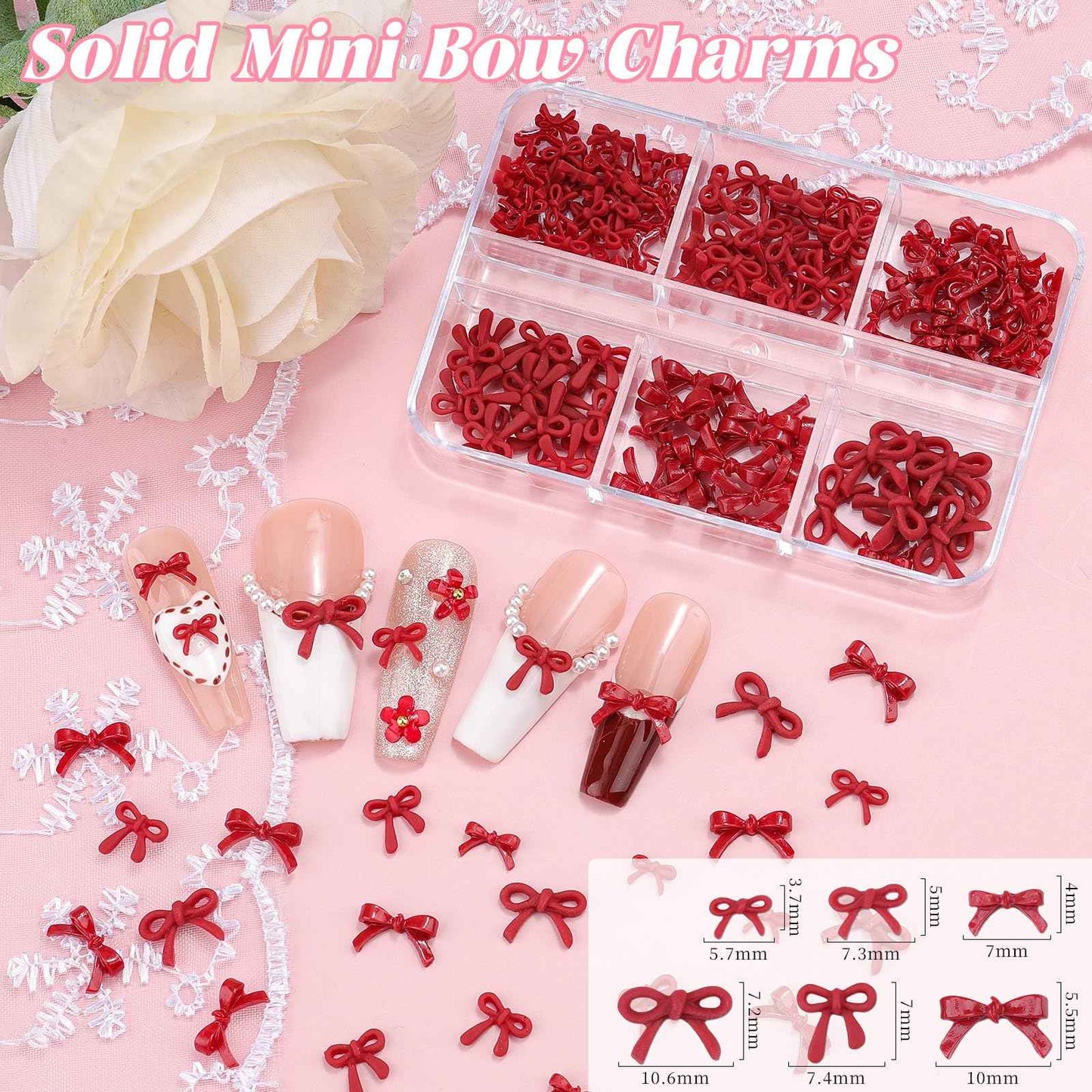 2 Boxes 3D Bow Nail Charms, Red Mini Bow Charms Transparent/Solid Resin Bow with Pickup Tools for Women Nail Decorations DIY Craft