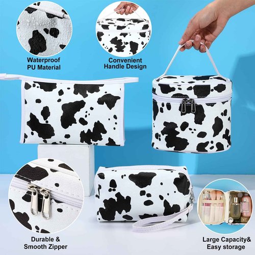 6 Pieces Makeup Bag Set Travel Cosmetic Bag Cow Print Toiletry Pouch Gifts for Women Organizer with zipper Portable Cute Make up Case PU Leather Washable Waterproof