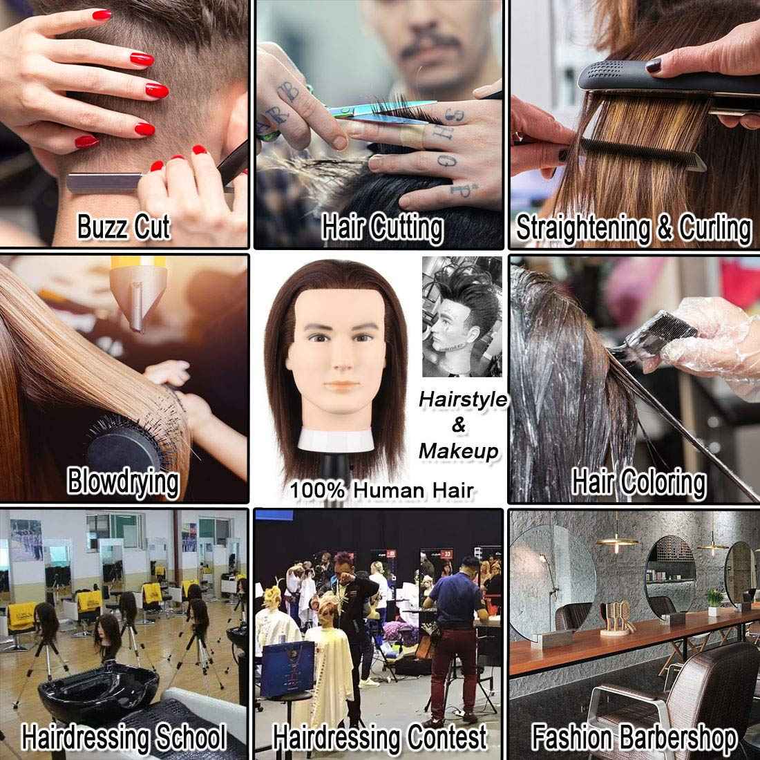 Newshair Male Mannequin Head with 100% Human Hair Haircut Training Head with Thick Hair Hairdresser Manikin Head Doll Head for Hair Styling and Practice Handsome Face Adult Head Size (8-10Inch 3B#)