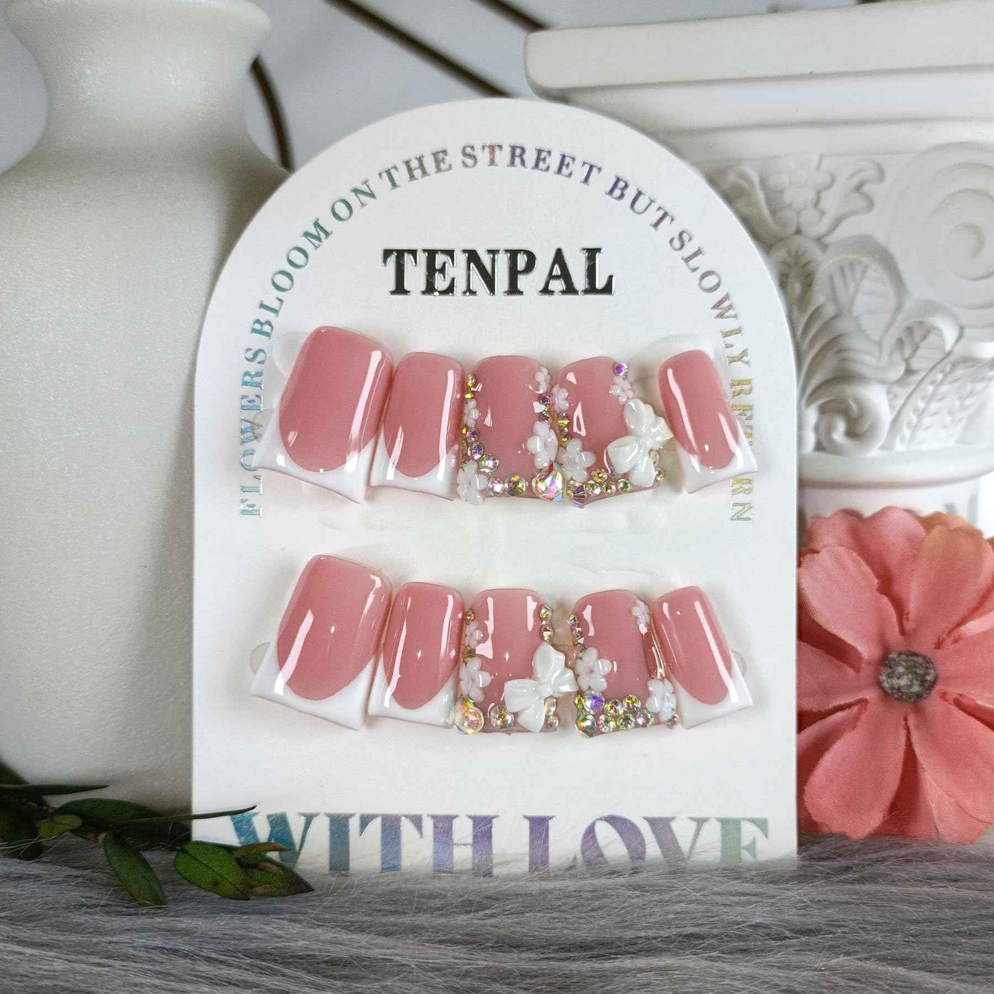 TENPAL Short Coffin Duckbill Press on Nails,White French Tip Fake Nails with Rhinestones & 3D Bow Designs,10PCS Soft Gel Glue on Nails with Tools,Elegant Glossy False Nails for Daily Wedding Wear(L)