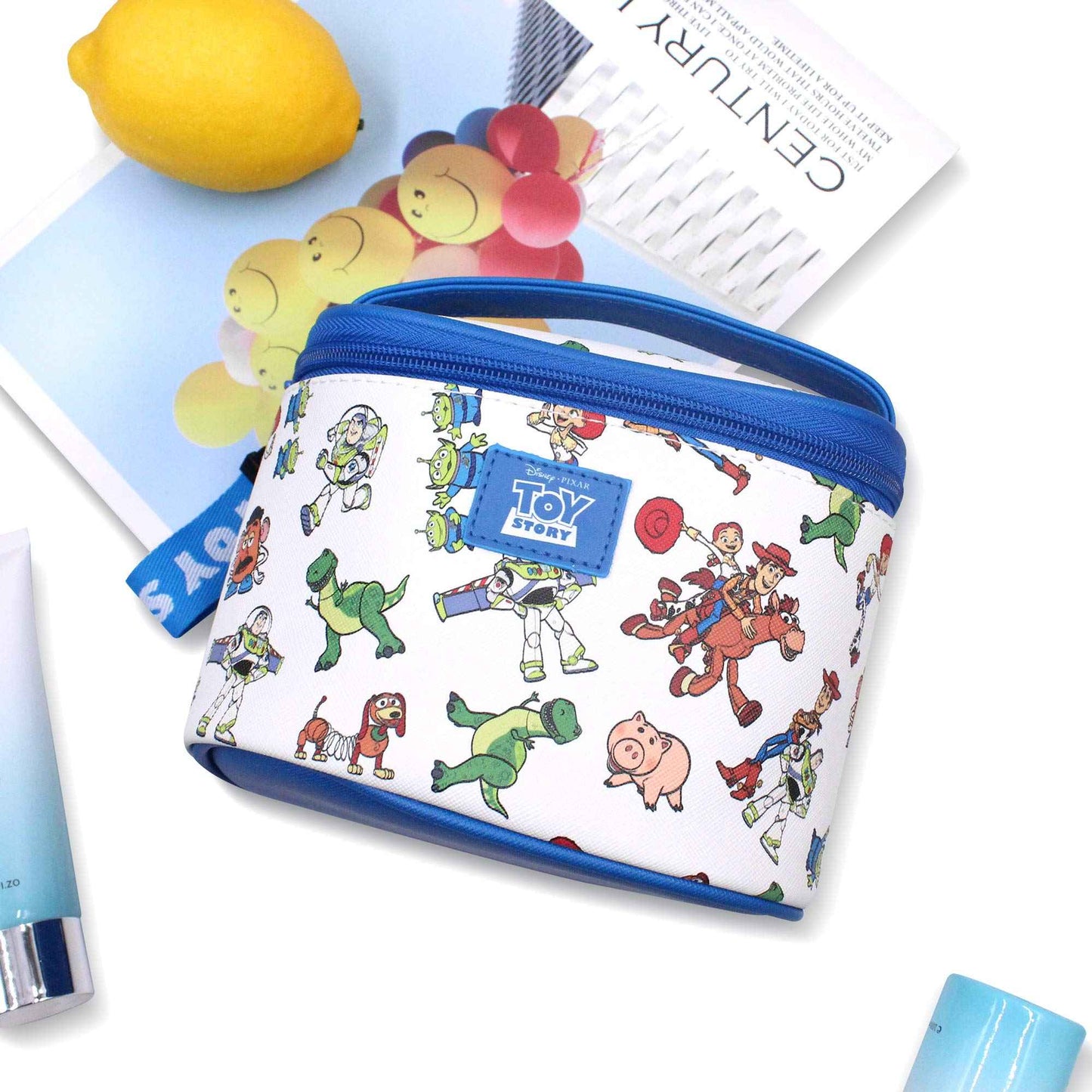 Finex Cartoon Story PVC Waterproof Makeup Organizer Bag Zipper Closure with Top Handle and Removable Matching Hand Strap Oval Base Case