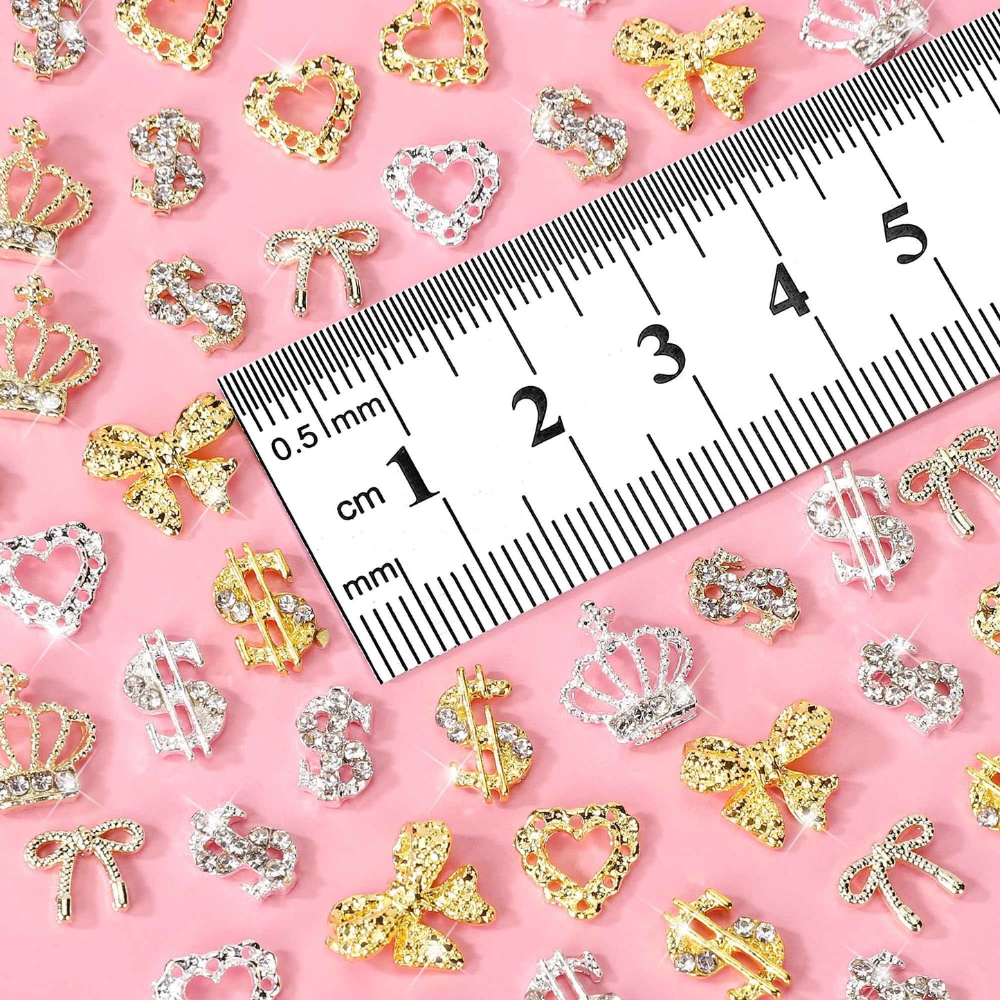 COOSLIM 20 Pcs 3D Metal Alloy Nail Charms Gems, Gold Silver Bowknots Heart Nail Gems,Dollar Crown Rhinestones for Nails, Luxury Nail Jewels Nail Art Supplies for Women DIY Nail Manicure Decor 3
