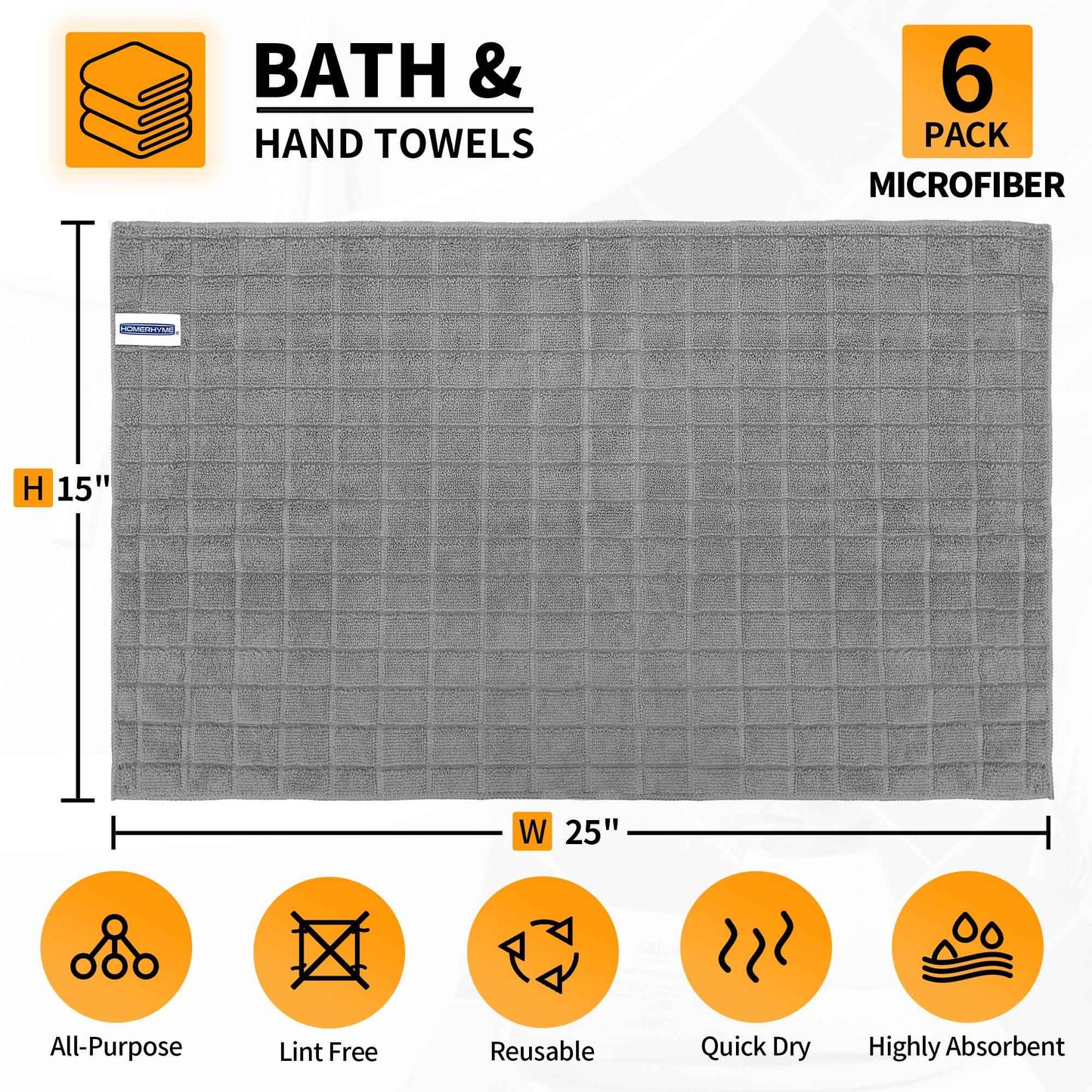HOMERHYME Microfiber Hand Bath Towels, 6 Pack 25''*15'' Grey Bathroom Hand Towels, All-Purpose Quick Dry Lint Free Soft Absorbent Checkered Washcloth Fingertip Towels Bulk for Travel Gym Hotel