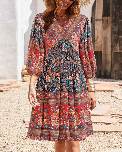 BTFBM Women Casual Spring Summer Dresses V Neck 3/4 Long Sleeve Ruffle Floral Flowy Boho Babydoll Mini Beach Dress(Floral Blue, Small)