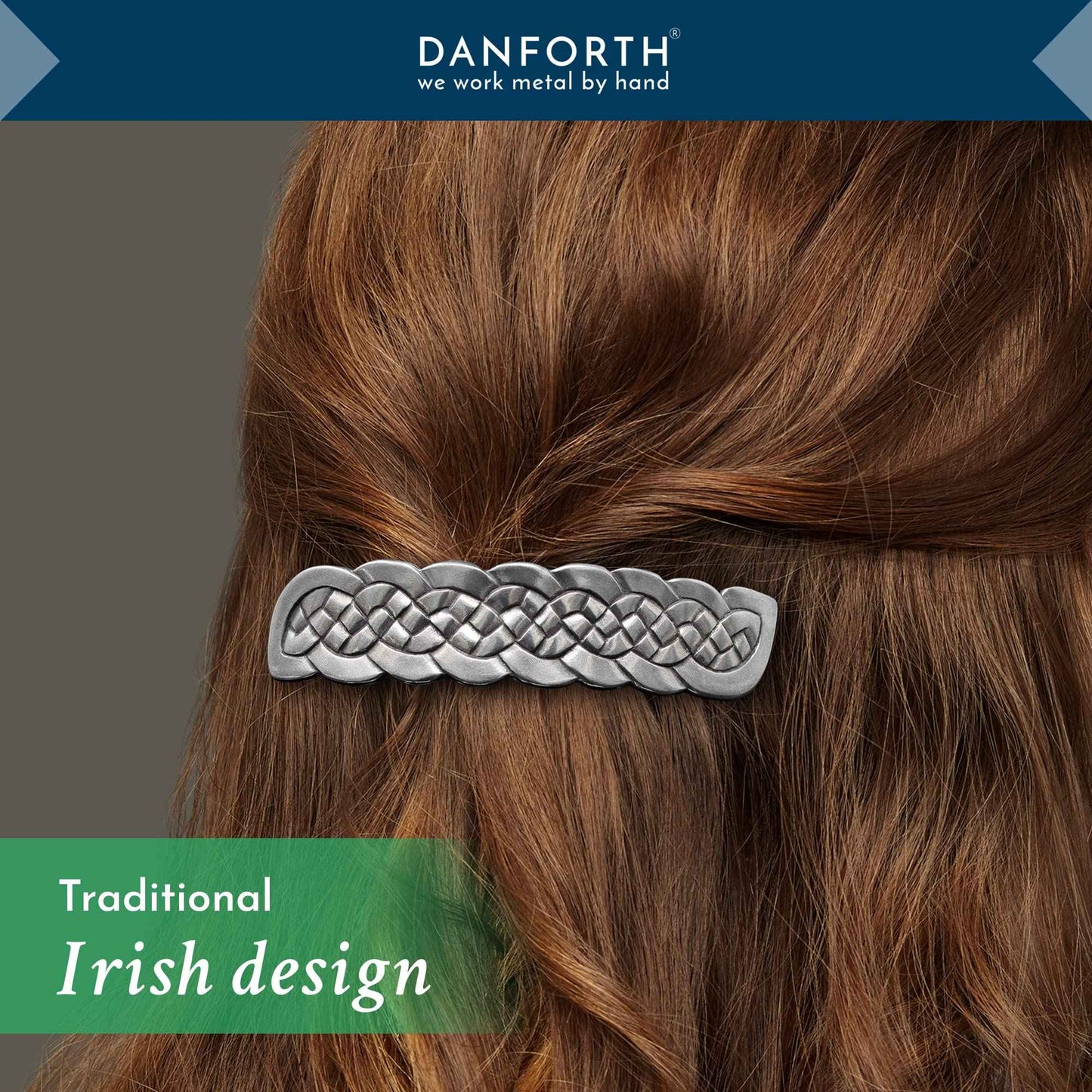 Danforth – Celtic Knot Barrette Large – Handcrafted Pewter Celtic Barrettes For Women – Large French Clip – Thick Hair Friendly – 3 ½” Long by ¾” High, Made In USA