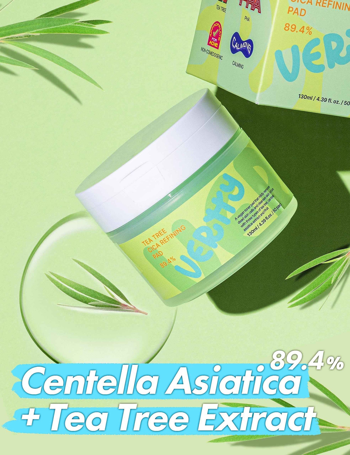 Vertty Tea Tree Cica Toner Pad | Exfoliating, Hydrating, Redness Relief Toner Pad for face | 100% Vegan Cotton Pad | Long-lasting Hydration | All Skin Types | Teens & Kids Skin Care (50 Count, 4.4oz)