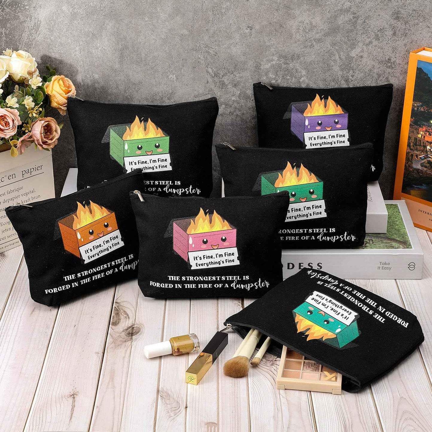 Reginary 6 Pcs Emotional Support Dumpster Fire Cosmetic Bag Gift Christmas Employee Appreciation Gift Bulk Funny Makeup Bag Canvas Pouch for Coworker Staff Team Volunteer Teacher Nurse, 6 Style(Black)