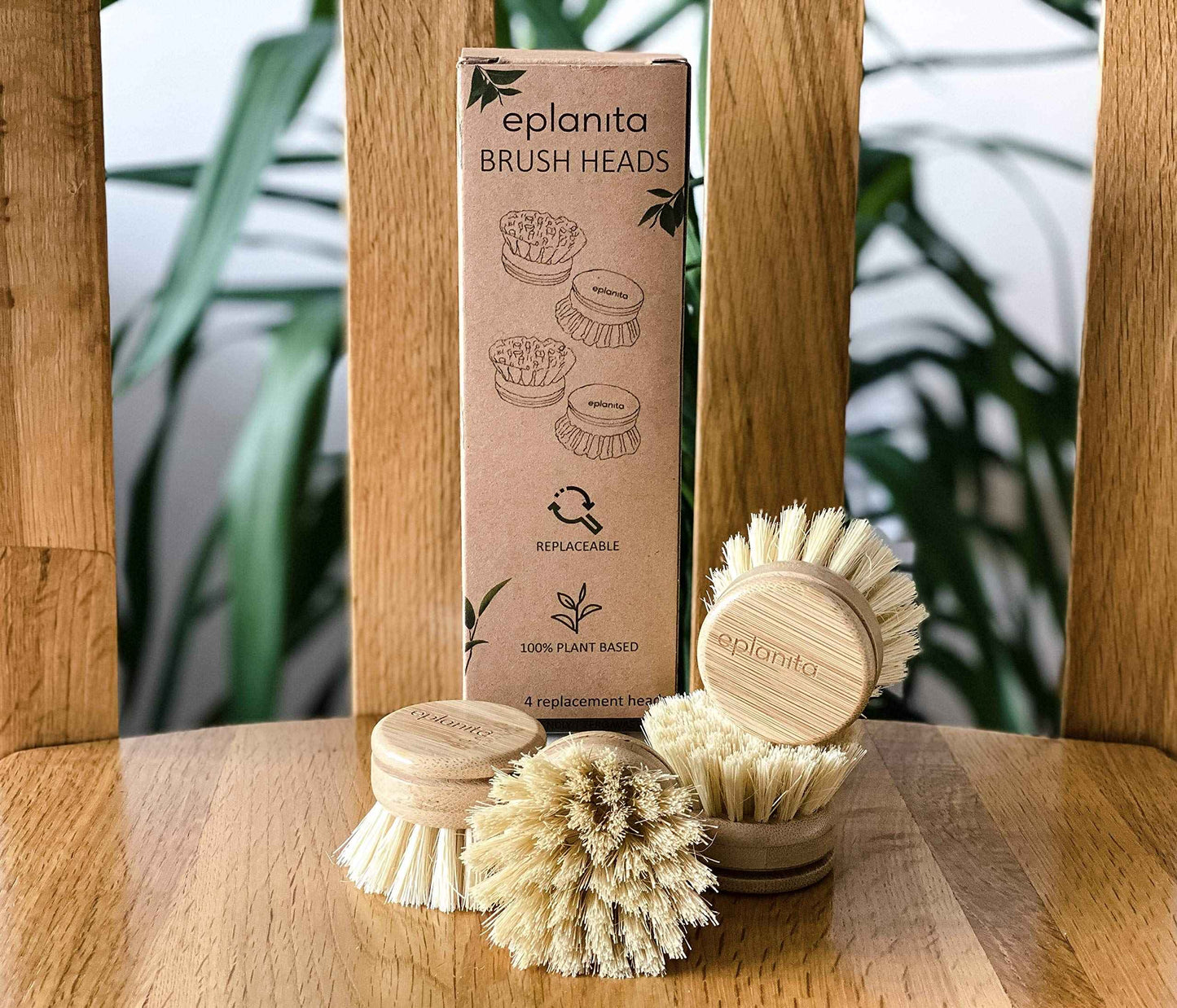 eplanita Replacement Brush Heads (Pack of 4) for Bamboo Dish Brush, Sisal Bristle Refills, Agave Cactus Fibres, Kitchen Eco Scrubber, Plastic Free Washing Up, Zero Waste Cleaning