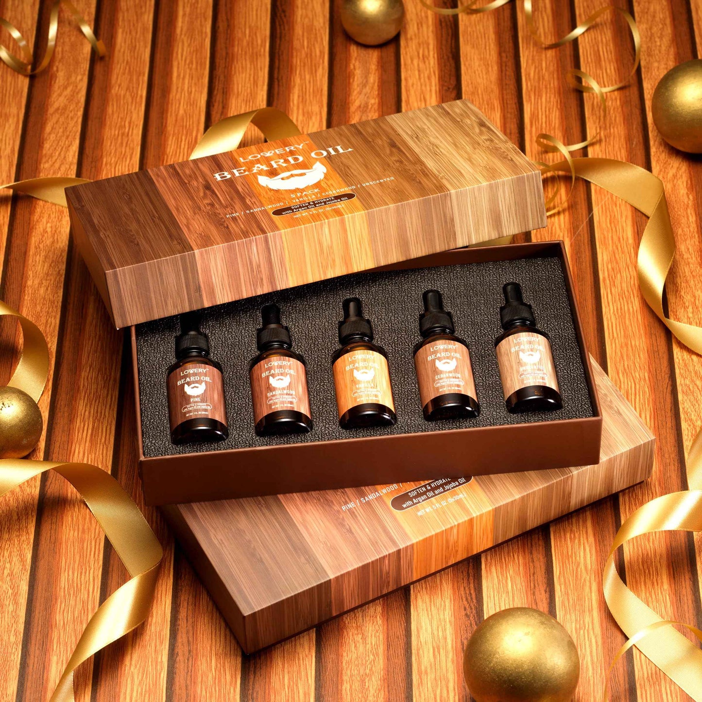 LOVERY (5 Pack Beard Oil for Men, Natural Mens Beard Oil Kit Variety Set - Sandalwood, Vanilla, Cedarwood, Pine, Unscented, W Argan & Jojoba Oil, Mens Beard Softener Grooming Gifts for Him