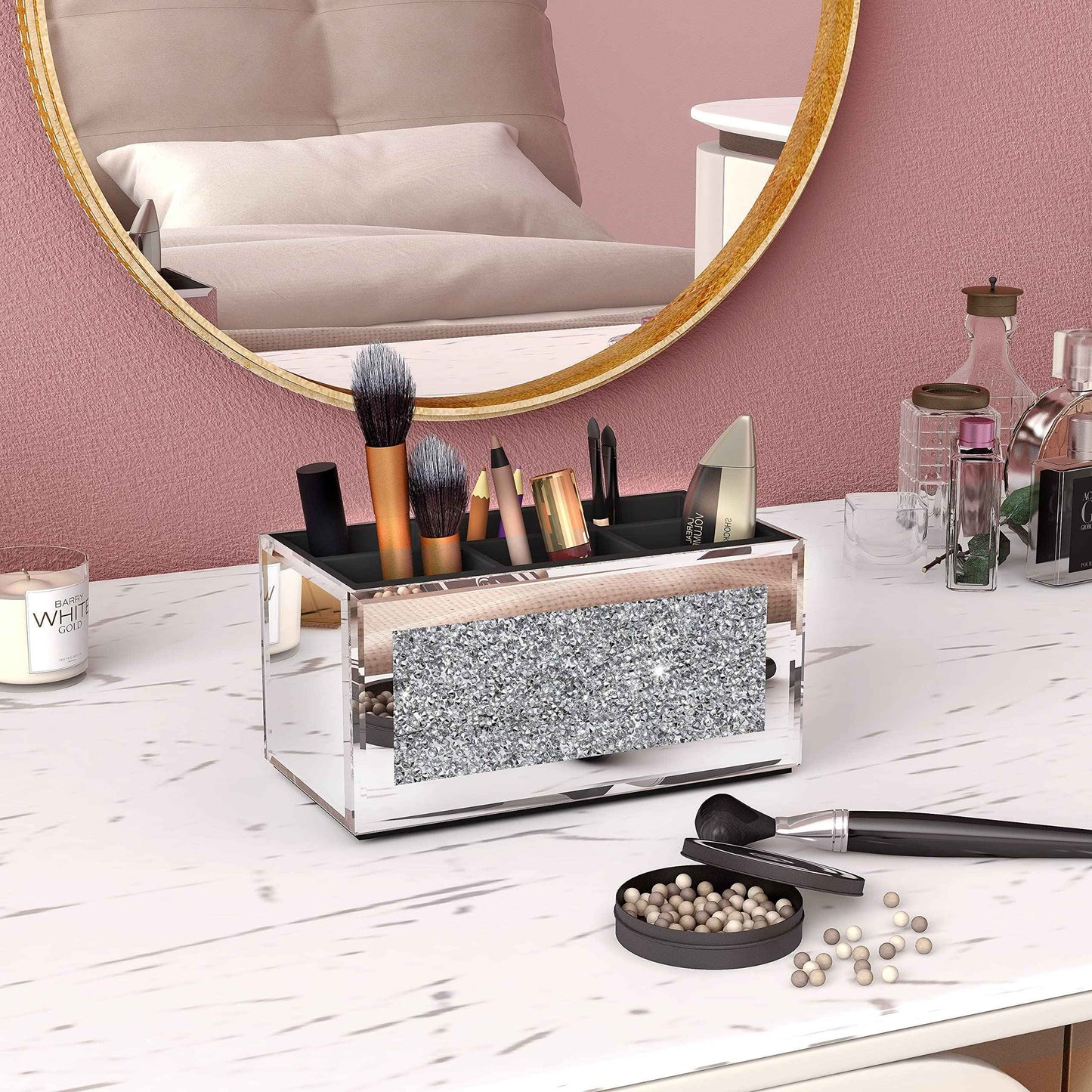 SHYFOY Makeup Brush Holder Organizer with Crushed Diamond 6 Slot Mirrored Make up Cosmetics Organizers and Storage for Vanity Countertop