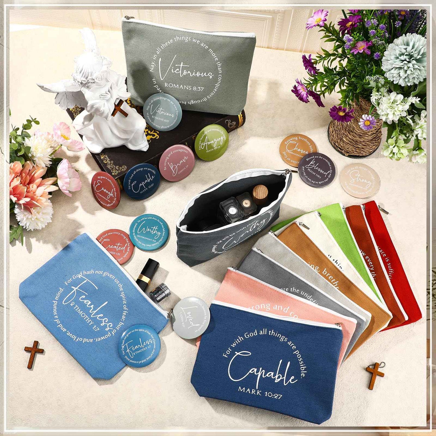 Geelin 12 Sets Christmas Christian Gifts Bulk Religious Canvas Makeup Bags with Bible Verse and Compact Mirrors Inspirational Gifts for Women Teacher Staff Coworker Christmas Favors (Classic)