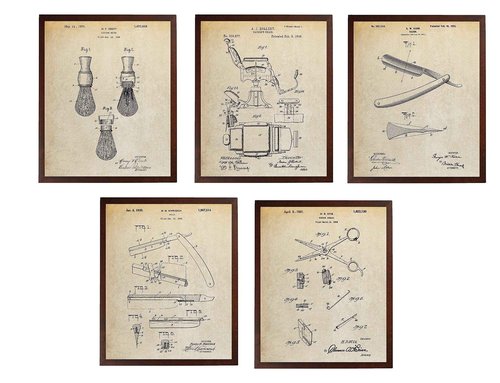 Turnip Designs Barber Chair Razor Shears Shaving Brush Patent Barber Shop Decor Bathroom Wall Art Shaving Brush Poster TDP1020