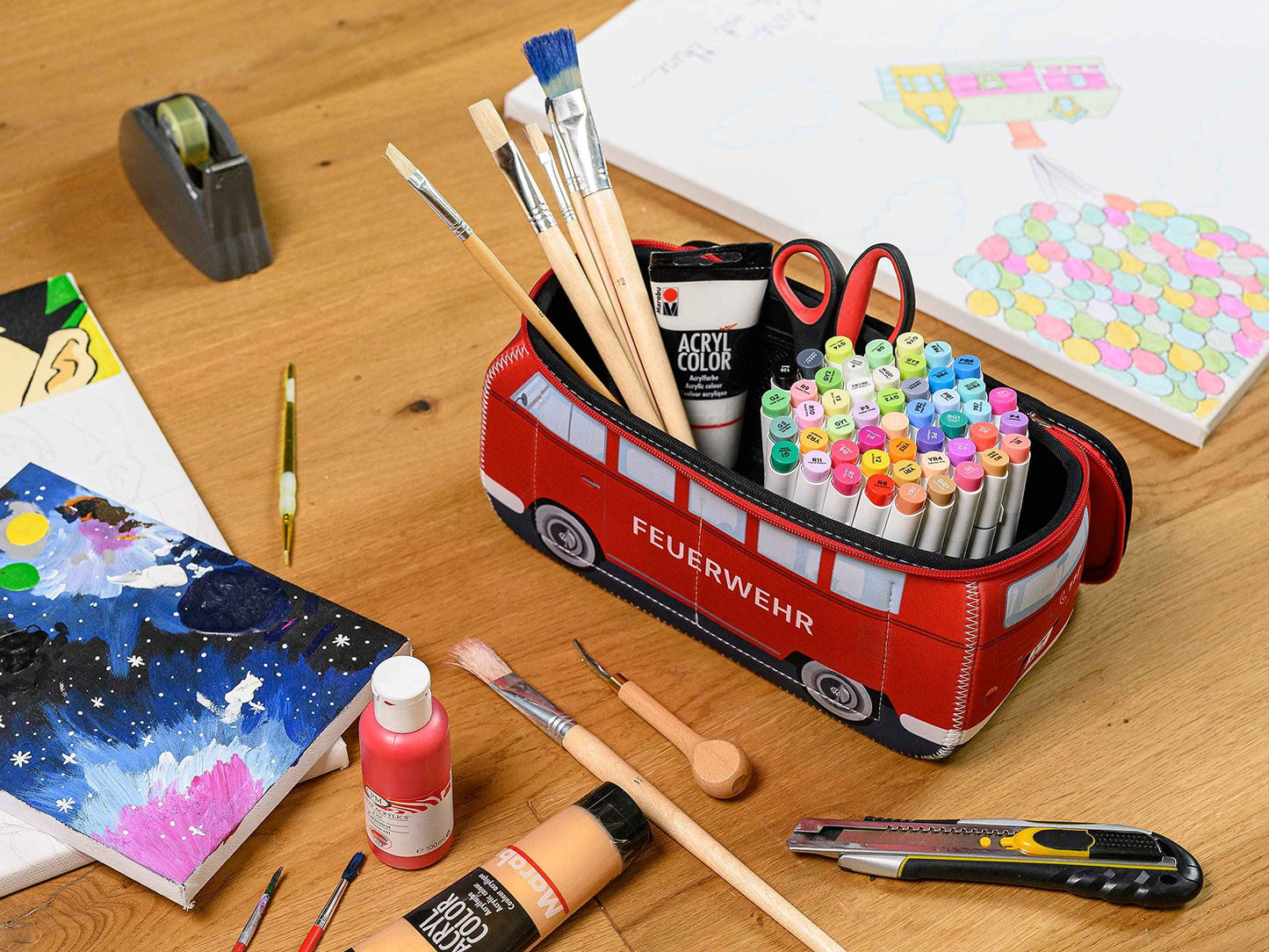 BRISA VW Collection - Volkswagen Neoprene Universal Makeup Cosmetics Toiletry Travel Pharmacy Bag in T1 Bus Design (Firetruck/Red) (Small (9.1 x 4.3 x 3.1 inches))