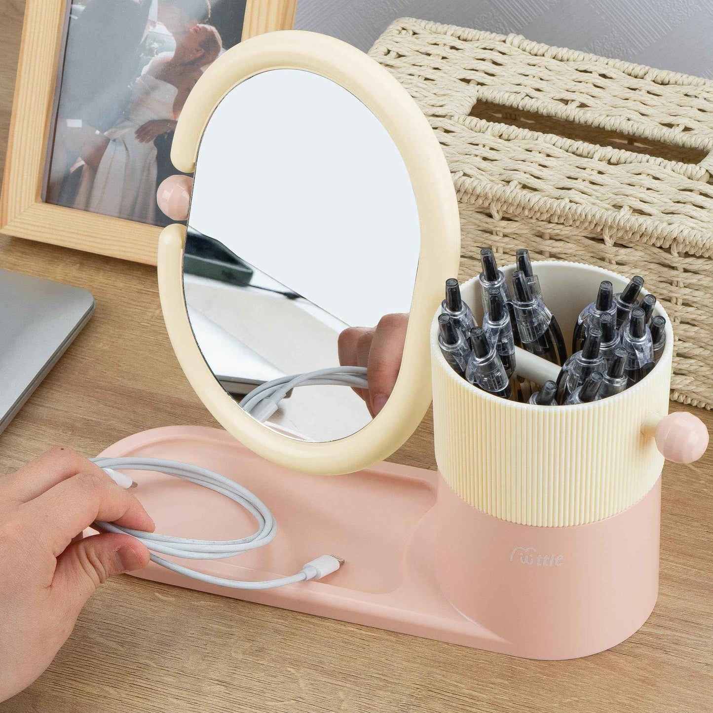 Umbrotiger Desk Organizer with Magnifying HD Rotating Glass Mirror 360° Adjustable Dual-Purpose Makeup Brush Holder Pen Caddy, Pink & White ABS Storage for Office & Vanity Accessories+Free Lens Cloth