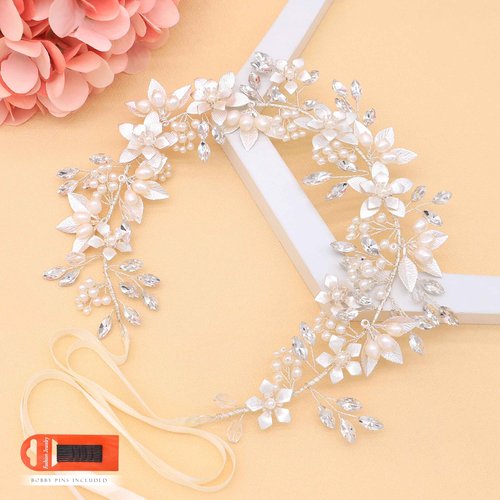 Oriamour Wedding Headband Bridal Headpiece Flower Design With Genuine Freshwater Pearls And Ribbons Hair Accessories For Bride (Silver)