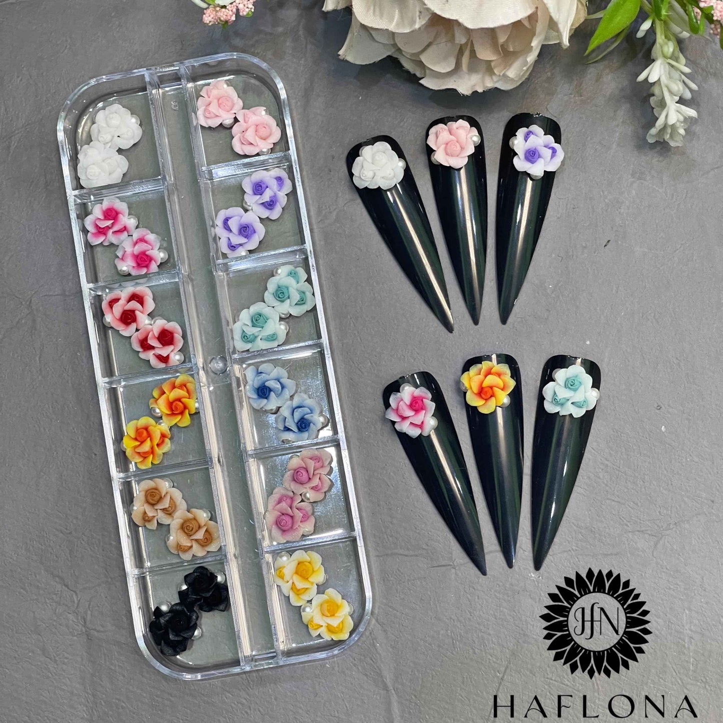HaFloNa 3D Rose Acrylic Flowers Charms Handmade by Acrylic Powder - Short & Medium Size Set 24 Pcs 3D Flower Nails Art | Exquisite Floral Accents for Crafts and Designs Salo Deco (3 Roses)