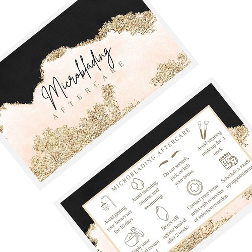 Boutique Marketing LLC Microblading Aftercare Cards | 50 Pack | Size 2x3.5 inches Business Card | PMU Pink, Black, and Gold Design