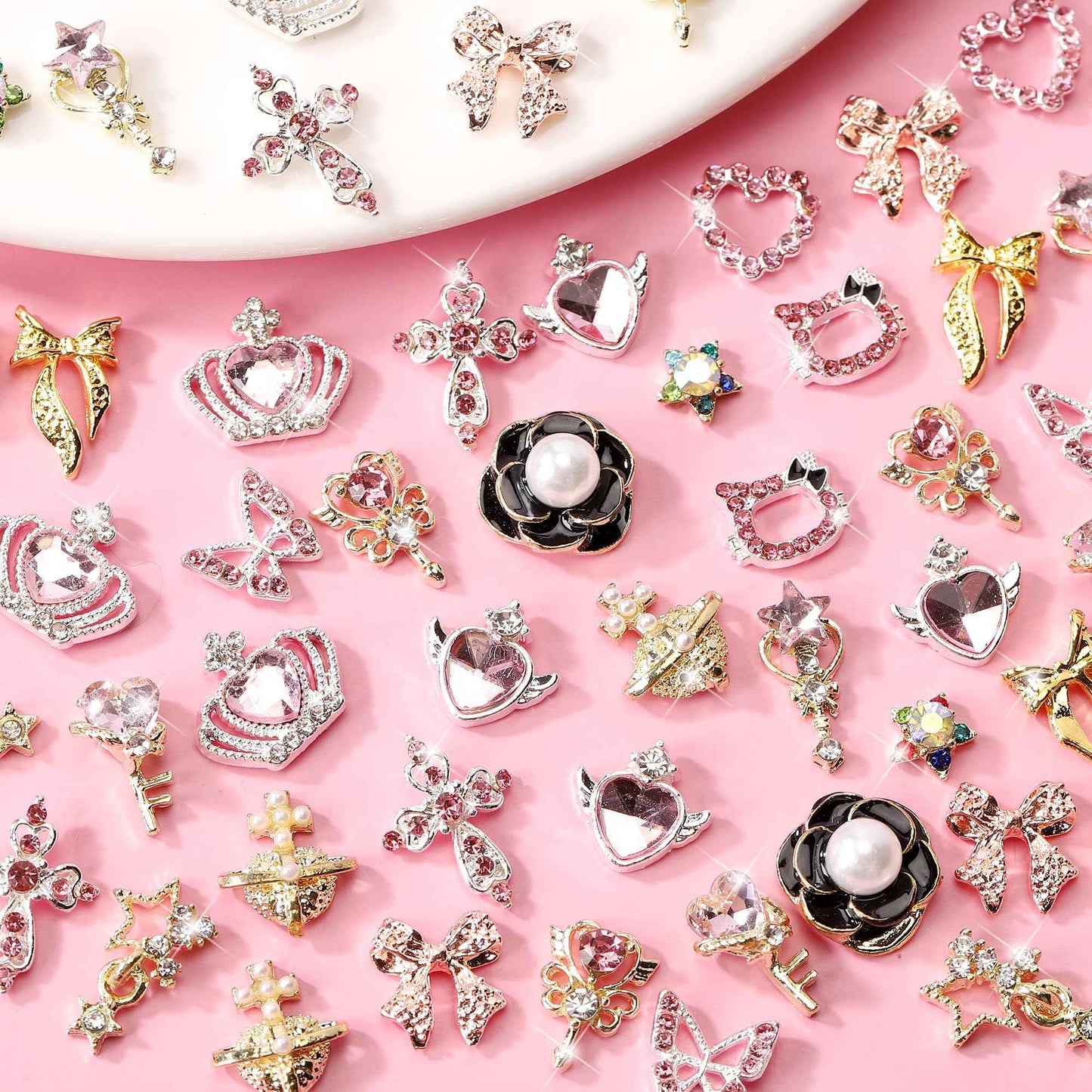 COOSLIM 30PCS Nail Charms Y2k Alloy Nail Art Rhinestone Charms 3D Heart Star Bow Butterfly with Rhinestones Cross Flower Nail Gems Shiny Jewelry Planet Nail Decorations Accessories Supplies A