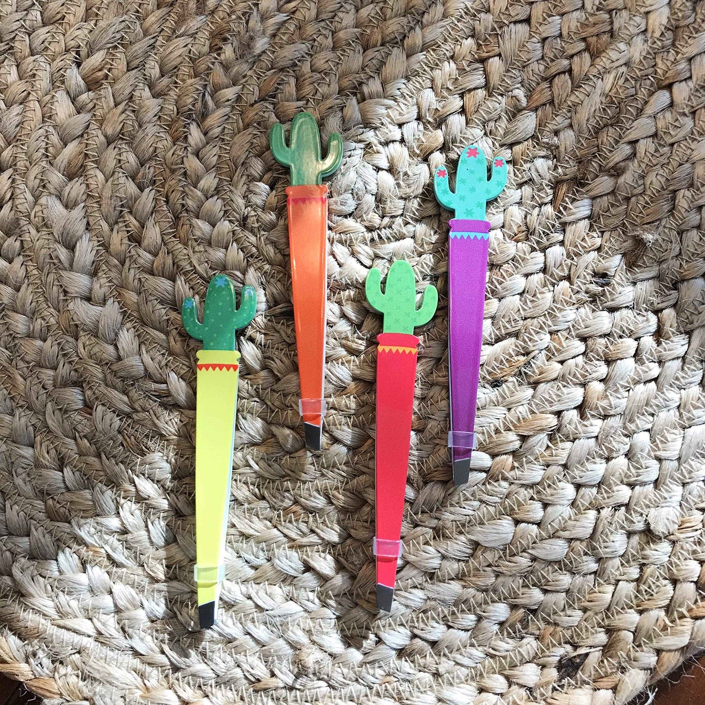 Cute Cactus Tweezer Set (Pack of 4) Slant Tweezers Assorted Set Southwestern Souvenir Gift Tweezer Bundle (Purple, Orange, Pink, Yellow)