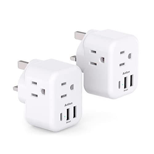 2-Pack US to UK Ireland Travel Plug Adapter, Addtam Type G Power Outlet Adapter with 3 AC Outlets and 3 USB, Travel Essentials for USA to Dubai Scotland British London England Hong Kong Irish