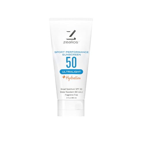 Zealios Sport Performance Ultralight SPF 50 Sunscreen +Hydration, 3 oz Tube, Broad Spectrum, Water & Sweat Resistant (80 min) Non-Greasy, Fragrance-Free Lotion for Swimming, Running & Cycling