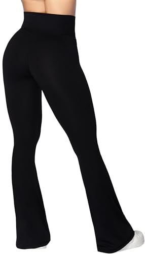 Sunzel Flare Leggings, Crossover Yoga Pants with Tummy Control, High-Waisted and Wide Leg, 34" Inseam, Light Blue Large