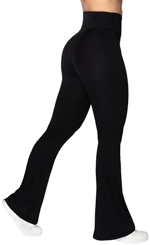 Sunzel Flare Leggings, Crossover Yoga Pants with Tummy Control, High-Waisted and Wide Leg, 34" Inseam, Light Blue Large