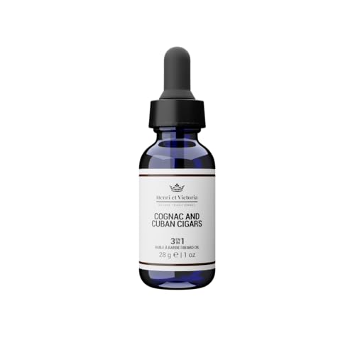 HENRI ET VICTORIA Beard Oil Cognac and Cuban Cigars Fragrance | Canadian Made by Skilled Artisan | Moisturizing, Non-Greasy, Natural Ingredients | 28g (1oz)