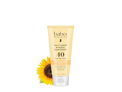 Babo Botanicals Daily Sheer Mineral for Face Sunscreen Lotion SPF40 - Natural Zinc Oxide & Titanium Dioxide - 70% Organic Ingredients - Raspberry Oil & Aloe Vera - Fragrance Free - For all ages