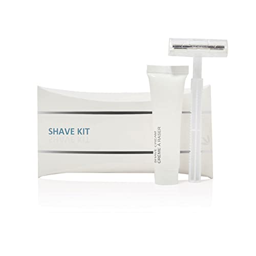 World Amenities Luxury Necessities - Bulk Shave Kit Shave Kit | 50 Count| Includes Twin Blade Razor and Moisturizing Shave Cream | Individually Boxed Hotel Amenities| Mini Travel Size Toiletries