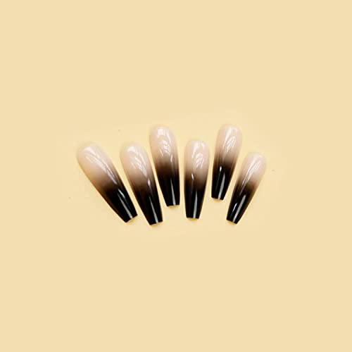 Long Press on Nails Coffin Black Fake Nails Gradient Designs Gothic Stick on Nails Nude False Nails Stick on Nails for Women Girls Nail Decoration