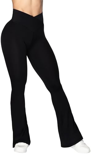 Sunzel Flare Leggings, Crossover Yoga Pants with Tummy Control, High-Waisted and Wide Leg, 34" Inseam, Light Blue Large