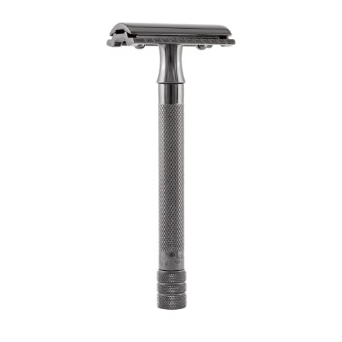 Merkur Double Edge Safety Razor, Straight Cut, Extra Long Handle, Black PVD Coated, 1 ct.