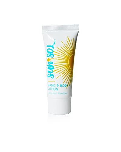 Sun + Sol Luxurious Hand & Body Lotion With Warm Coconut & Vanilla Fragrances, Travel Size Toiletries, Mini Hotel Amenities