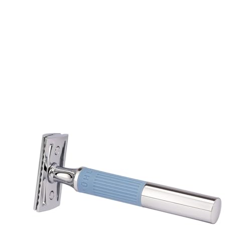 M?HLE NEO safety razor|double edge safety razor for beginners and experienced shavers|sustainable eco-friendly and reusable|for men and women|chrome with glacier blue silicone grip handle