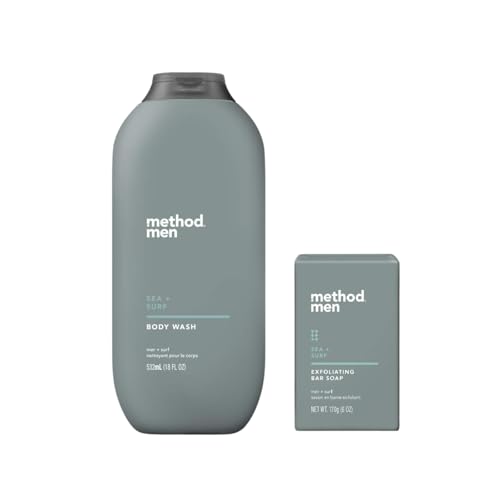 Method Men's - Sea + Surf Body Wash 18 Ounce & Sea + Surf Exfoliating Bar Soap, 6 oz - Set of 2