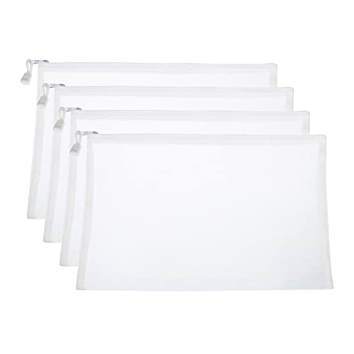 PATIKIL Mesh Zipper Bags, 4 Pack Nylon A4 Size Pen Pencil Travel Cases Toiletry Cosmetic Makeup Pouches Zipper Files Purse Organizer for Office, White