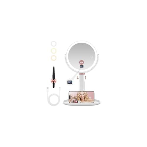 Makeup Magnifying Mirror with Light 30X/1X, Digital Display, 2-Sided Touch Control, Makeup Mirror with 3 Color Lights,360¡Æ Rotate, Height Adjustable Lighted Magnifying Mirrors for Desk Travel