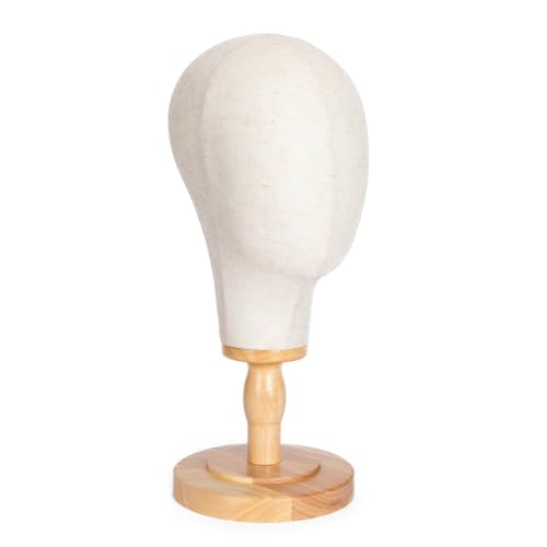 Canvas Wig Head Stand with Wooden Base - Professional Mannequin
