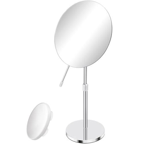 8" HD Makeup Mirror with Swivel & Adjustable Height (13-18"), Bonus 10X Magnifying Suction Cup Vanity Mirror for Precision Grooming & Shaving, Chrome Finish for Tabletop & Bedroom£¨No Light£©