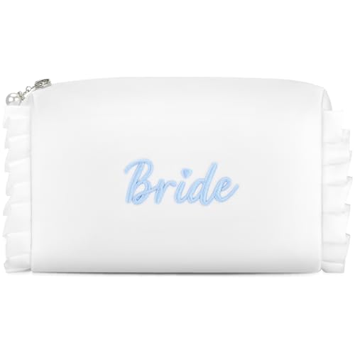 Etercycle Bride White Satin Cosmetic Bag with Blue Embroidery