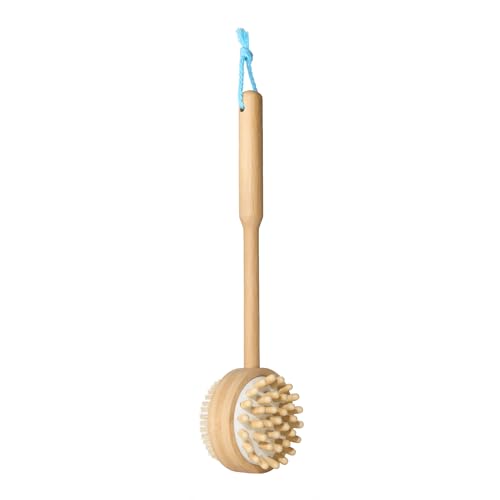 Bliss 2-in-1 Wooden Shower Brush for Back and Body, Exfoliating Dry Brush Bristles with Massaging Nubs for Sore Muscles, Use Wet or Dry