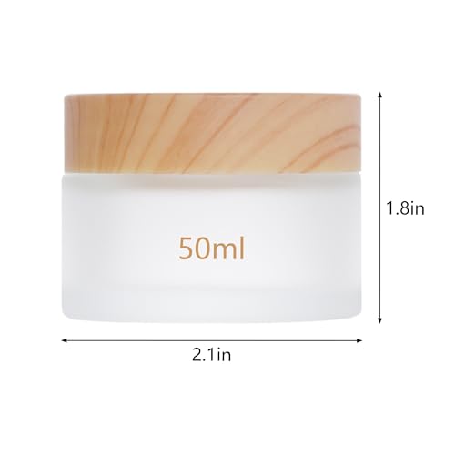 6Pcs Glass Cosmetic Containers with Wood Grain Lid Refillable Cosmetic Jar Frosted Glass Cream Container with Leak-proof Lid Empty Makeup Jar for Lotions,Creams,Scrub Cream,Home,Travel(50ml)