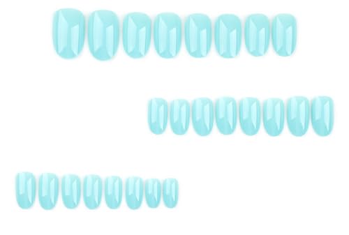 Light Blue Press on Nails Short Fake Nails with Nail Glue Glossy with Oval Design Stick on Nails Full Cover Reusable Artificial Nails Glue on Nails for Women Girls 24pcs