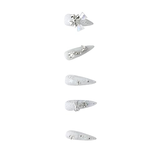 PRESSIFY Handmade White Press-On Nails, White & Creamy Pearl with Design and Crystal Adornments, Sophisticated Stiletto Shape, Re-usable and Eco-friendly/Come with Glue Tabs / 10 pcs(Large)