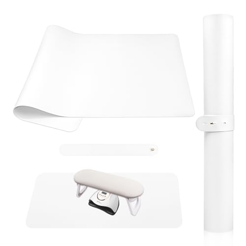 Nail Art Table Mat, (MAT ONLY) Nail Arm Rest Mat for Nail Tech, Soft Microfiber PU Leather Nail Mat for Nail Hand Rest Cushion, Foldable Manicure Table Pad Nail Desk Mat for Hand Stand Pillow - White
