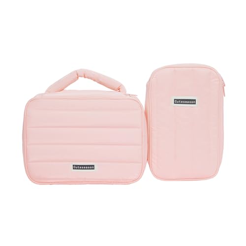 Shiny Puffy Makeup Bag Large Capacity Travel Water-proof Toiletry Bag Drop-proof Digital Product Organizer (Pink, L and M)