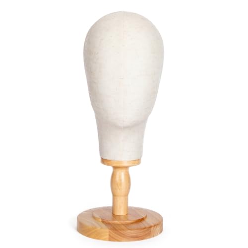 Canvas Wig Head Stand with Wooden Base - Professional Mannequin